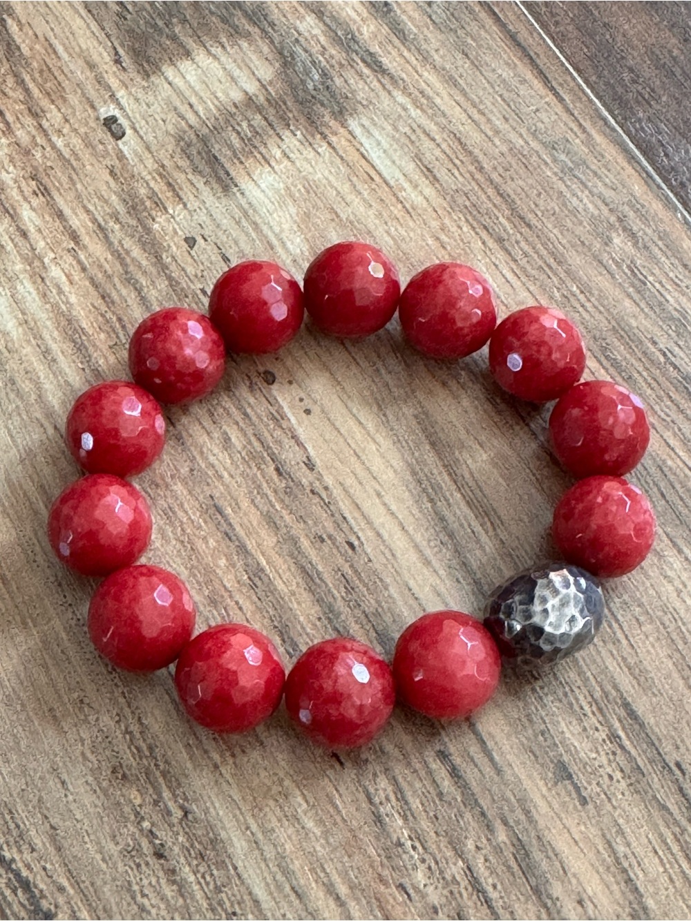 Genuine Chalcedony Faceted Bead Stretch Bracelet 12 mm Cranberry Red